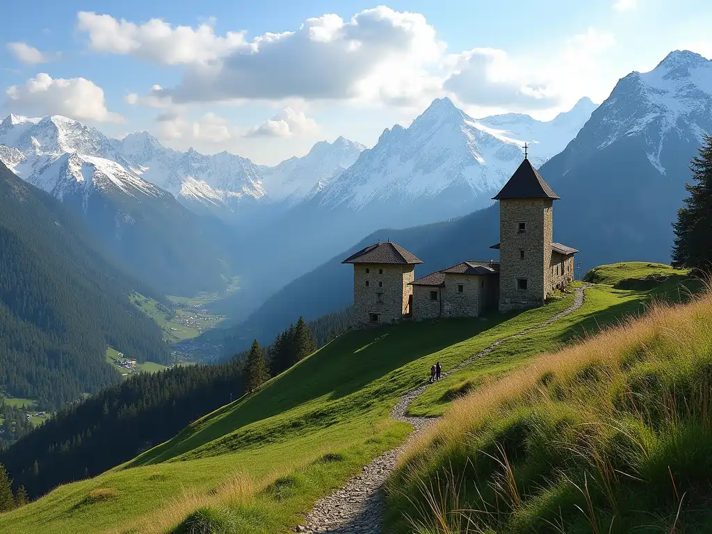 Svaneti, Georgia, surrounded by medieval towers and snow capped peaks